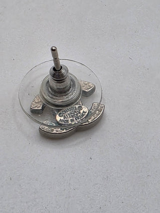 Chanel Silver-tone Strass Interlocking CC Stud Earrings