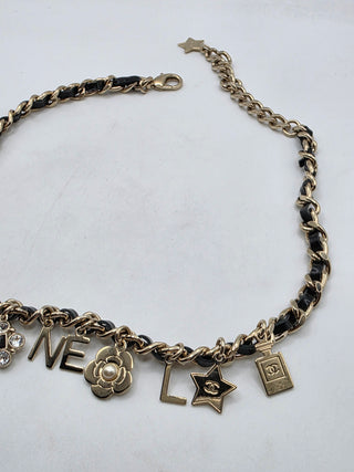 Chanel Gold-tone Faux Pearl, Strass Leather Interlocking Logo Collar Necklace