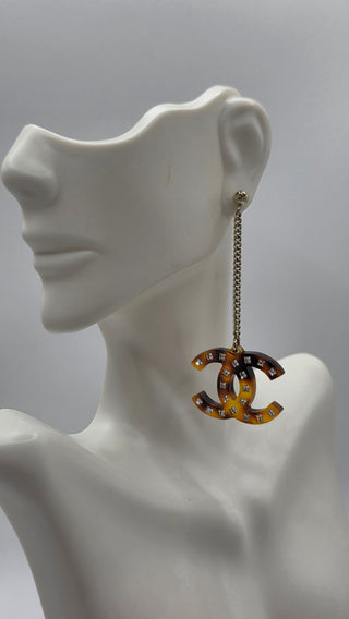 Chanel Gold-tone Brown Resin Strass CC Drop Earrings