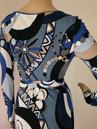 Emilio Pucci Blue Multicolor Printed Knee-Length Dress 6 sz