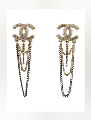 Chanel Gold-tone Strass Interlocking CC Chain Drop Earrings