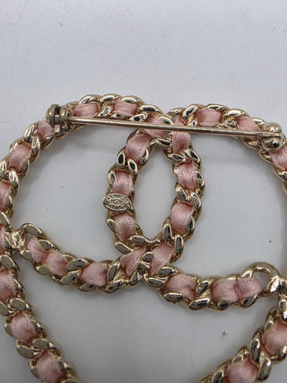 Chanel Gold-tone Silk Chain Woven CC Heart Oversized Brooch