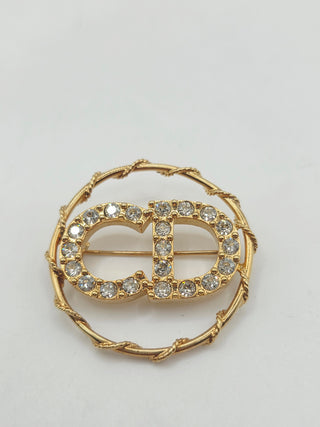 Christian Dior Gold-tone Crystal CD Logo Round Brooch