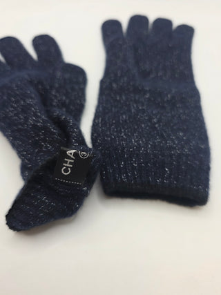Chanel Dark Blue Metallic Cashmere Silk Knit CC Gloves