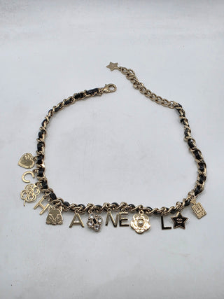 Chanel Gold-tone Faux Pearl, Strass Leather Interlocking Logo Collar Necklace