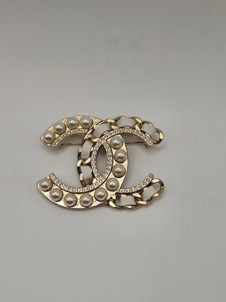 Chanel Gold-tone Faux Pearl, Strass, Leather Interlocking CC Brooch