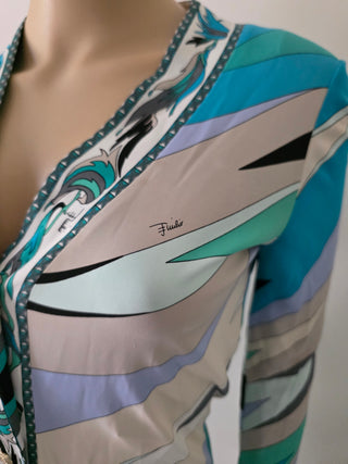 Emilio Pucci Blue Multicolor Signature Print V-Neck Blouse 6 sz