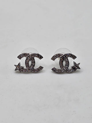 Chanel Silver-tone Strass Interlocking Stud Earrings
