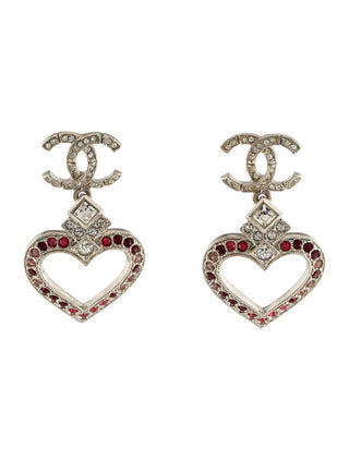 Chanel Silver-tone Pink Strass CC Heart Drop Earrings
