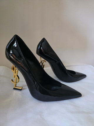 Yves Saint Laurent Black Patent Leather Opyum Monogramme Heels 40 sz