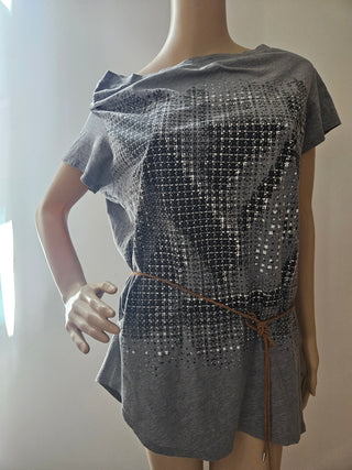 Louis Vuitton Grey 2011 LV Print Bateau Neckline Belted Top XL sz