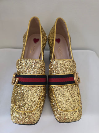 Gucci Gold Glitter Leather Peyton Marmont Mid-Heel Loafers 38.5 sz