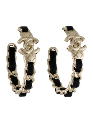 Chanel Gold-tone Black Leather Interlocking CC Hoop Earrings