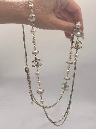 Chanel Faux Pearl CC Station Double Strand Necklace