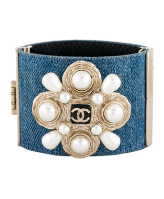 Chanel Faux Pearl Denim Gold-tone Interlocking CC Logo Bracelet