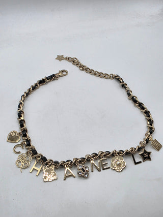 Chanel Gold-tone Faux Pearl, Strass Leather Interlocking Logo Collar Necklace