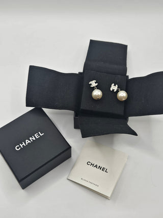 Chanel 2020 Silver-tone Strass Faux Pearl CC Drop Earrings