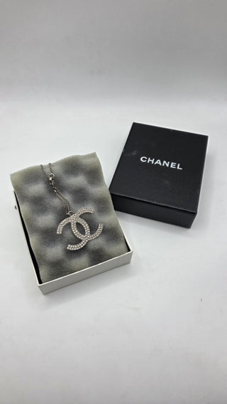 Chanel Silver-tone Strass Interlocking Oversized CC Pendant Necklace