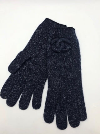 Chanel Dark Blue Metallic Cashmere Silk Knit CC Gloves