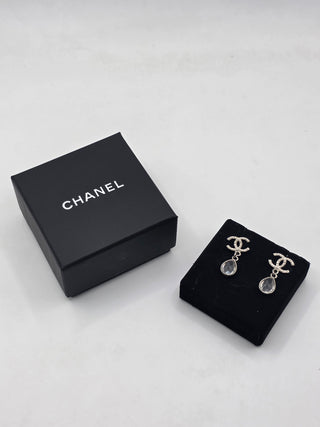 Chanel Silver-tone Strass Interlocking Drop Earrings