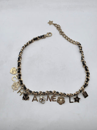 Chanel Gold-tone Faux Pearl, Strass Leather Interlocking Logo Collar Necklace
