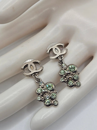 Chanel Silver-tone Camellia Strass CC Logo Drop Earrings