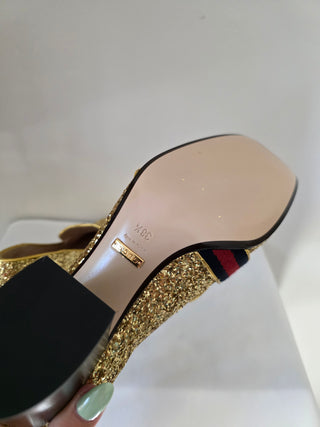 Gucci Gold Glitter Leather Peyton Marmont Mid-Heel Loafers 38.5 sz