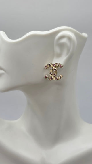 Chanel Gold-tone Pink Strass Interlocking CC Stud Earrings