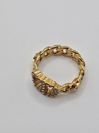 Christian Dior Gold-tone Crystal CD Logo Charm Ring 6 sz