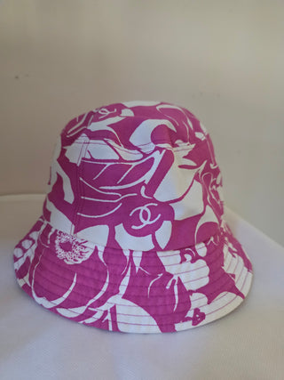 Chanel Pink White Interlocking CC Coco Beach Bucket Hat M sz