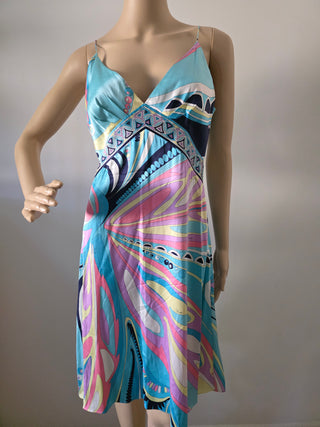 Emilio Pucci Blue Multicolor Signature Print Summer Dress 10 sz