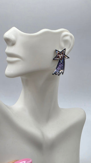 Chanel Black Silver-tone Strass Interlocking CC Shooting Star Earrings