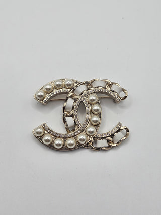 Chanel Gold-tone Faux Pearl, Strass, Leather Interlocking CC Brooch