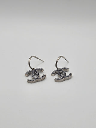 Chanel Silver-tone Glitter Enamel CC Drop Earrings