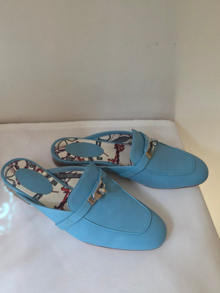Hermes Ciel Blue Calfskin Leather Palladium Plated Oz Mules 38.5 sz