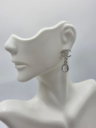 Chanel Silver-tone Strass Interlocking Drop Earrings