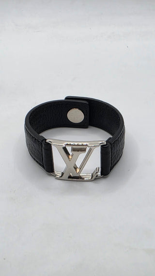 Louis Vuitton Silver-tone LV Logo Black Leather Hockenheim Bracelet