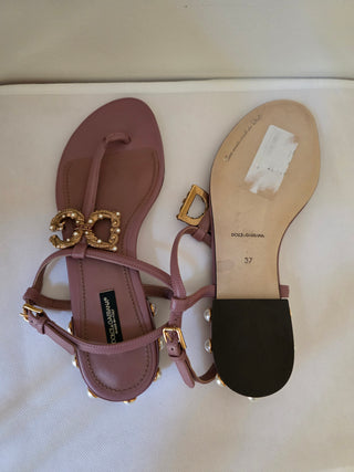 Dolce & Gabbana beige leather pearl logo embellished thong sandals 37 sz