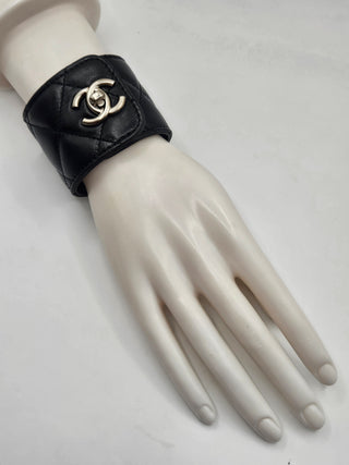 Chanel Black Leather Quilted CC Turnlock Wide Bracelet