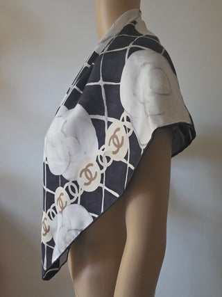 Chanel Black white silk Interlocking CC Logo Scarf