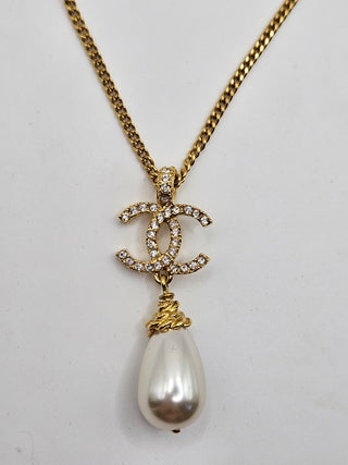 Chanel Gold-tone 2020 Faux Pearl Strass CC Pendant Necklace