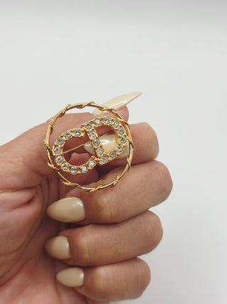 Christian Dior Gold-tone Crystal CD Logo Round Brooch