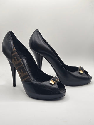 Fendi Black Leather Zucca FF Logo Peep-toe Pumps 40 sz