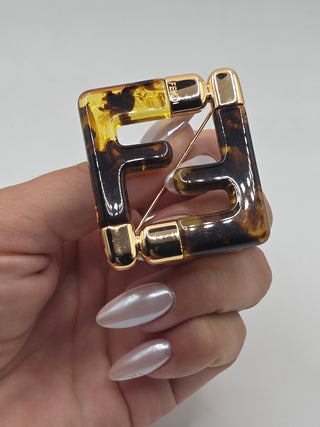 Fendi Gold-tone Resin Tortoiseshells FF Zucca Logo Pin Brooch