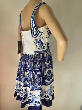 Dolce & Gabbana White Blue Printed Silk Mini Dress 44 sz NWT