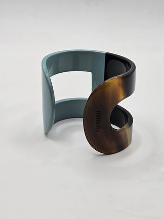 Hermès Blue Brown Horn Resin Ano Wide Cuff Bracelet