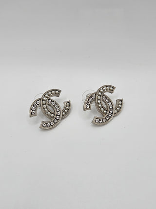 Chanel Silver-tone Crystal Faux Pearl Interlocking CC Stud Earrings