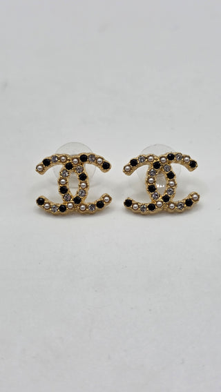 Chanel 2020 Faux Pearl Strass Interlocking CC Stud Earrings