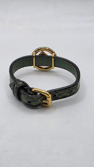 Fendi Gold-tone Crystal Green Snake Skin FF Leather Wrap Bracelet