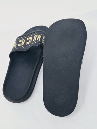 Gucci Black rubber Gold-tone logo printed pool slides 37 sz